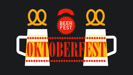 Oktoberfest. Vector poster, banner. Two mugs of beer and pretzels.