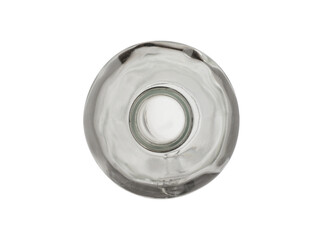 Empty, open bottle made of transparent, colorless glass. On a white background, top view.