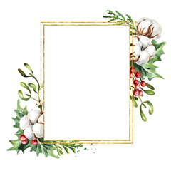 Winter bouquet, frame, Hand drawn watercolor  illustration, isolated on white background