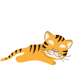 Fototapeta na wymiar Cute striped orange tiger cub is sleeping, isolated on a white background. A symbol of the year in a hand-drawn style. Vector illustration