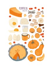 Autumn menu. Autumn menu. Ingredients for Pumpkin pie. A home-made recipe. Isolated vector colorful element on a white background. Ttrick or treat.