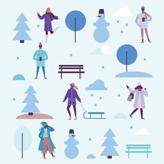 Vector illustration in flat design of winter season background with people outdoor in the flat design