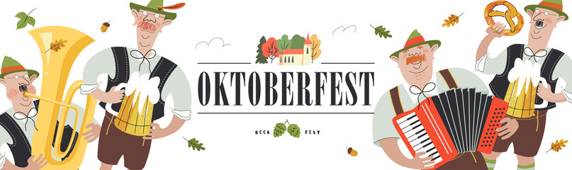 Oktoberfest. The banner template is a traditional German beer festival. Cheerful people in national costumes drink beer and play musical instruments.