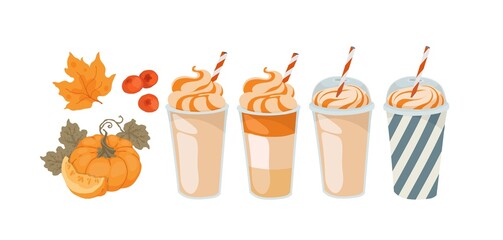 Pumpkin coffee. Milkshake, smoothie. Autumn menu. Takeaway coffee. Coffee to go. Isolated vector colorful element on a white background.