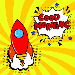 Good Morning, motivational quote.  Comic book explosion with text Good Morning, vector illustration. Vector bright cartoon illustration in retro pop art style. 