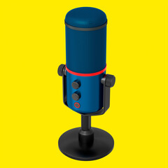 3D rendering of blue studio condenser microphone isolated on yellow background