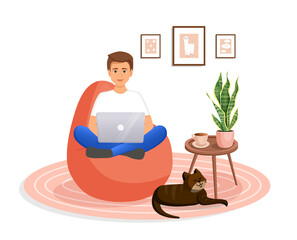 Man is sitting on a bean bag chair at home at a laptop computer. Remote work, office at home, programming, freelance. Study at home in quarantine. Vector illustration. Cozy interior with a cat.