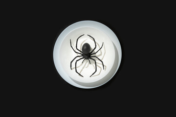 Black big spider in plate on dark background. The minimal scary and spooky concept for Halloween. Trendy top view idea