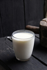 Glass of milk on a beautiful vintage background.