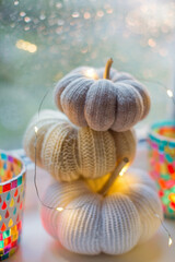 Knit handmade pumpkins stained glass candle