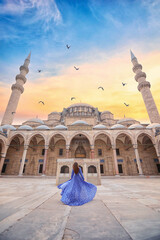 blue mosque, girl on the background of the mosque