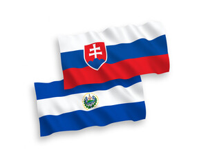 National vector fabric wave flags of Slovakia and Republic of El Salvador isolated on white background. 1 to 2 proportion. - obrazy, fototapety, plakaty