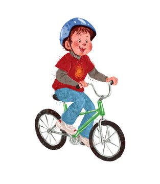 Artistic hand drawn watercolor illustration of happy young boy in helmet riding a bike isolated. For cards, posters, prints, web design.