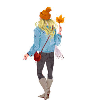 Artistic hand drawn watercolour illustration of beautiful girl in winter hat and denim jacket with maple leaf isolated. Backside view. For cards, posters, prints, web design.