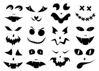 Naklejka premium Set of Halloween carved faces silhouettes. Black elements for decorating pumpkins. template with eyes, mouths and noses for jack lantern. Vector illustration