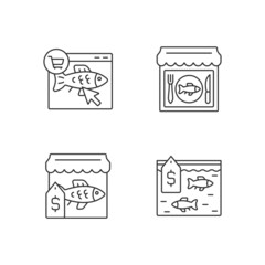 Seafood product selling linear icons set. Fishing industry. Fish market and online shop. Customizable thin line contour symbols. Isolated vector outline illustrations. Editable stroke