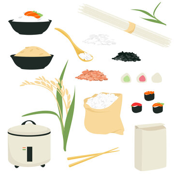 Rice vector icon set. Collection of icons of rice products: noodles, sushi, mochi rice cooker, flour