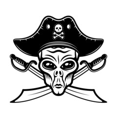 Alien head in pirate hat and two crossed swords vector illustration in monochrome vintage style isolated on white background