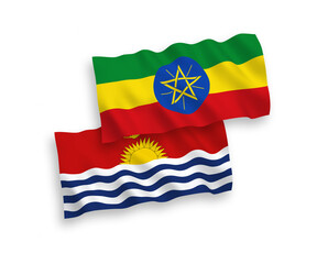 National vector fabric wave flags of Republic of Kiribati and Ethiopia isolated on white background. 1 to 2 proportion.