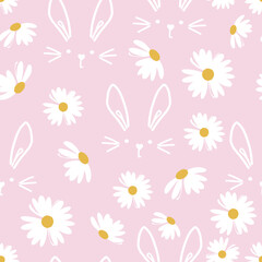 Materiał do szycia Seamless pattern with daisies and hand drawn rabbits on pink background vector.