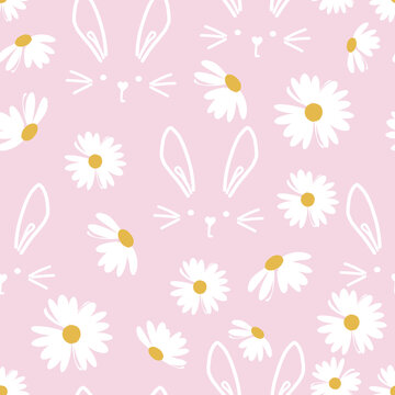 Seamless pattern with daisies and hand drawn rabbits on pink background vector.
