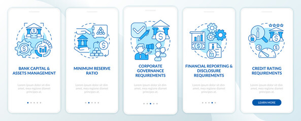 Fototapeta na wymiar Bank regulation terms onboarding mobile app page screen. Capital management walkthrough 5 steps graphic instructions with concepts. UI, UX, GUI vector template with linear color illustrations