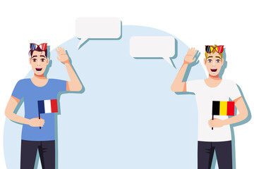 Men with French and Belgian flags. Background for the text. Communication between native speakers of the language. Vector illustration.