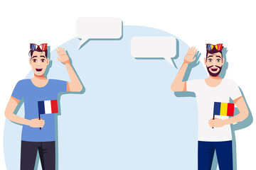 Men with French and Romanian flags. The concept of international communication, education, sports, travel, business. Dialogue between France and Romania. Vector illustration.