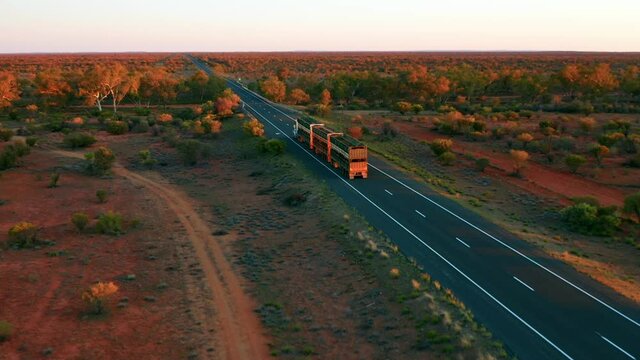 Aerial View of a Road Train passing by on Stuart Highway - Northern Territory, Australia