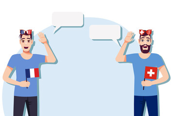 The concept of international communication, sports, education, business between France and Switzerland. Men with French and Swiss flags. Vector illustration.