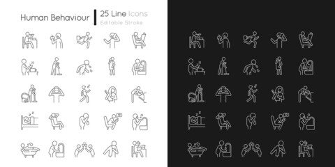 Human behaviour linear icons set for dark and light mode. Activities of daily living. Day-to-day routine. Customizable thin line symbols. Isolated vector outline illustrations. Editable stroke