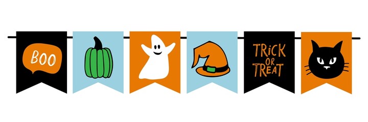 Fototapeta premium Bunting Decor for Halloween party. Flags with black cat, ghost, pumpkin, witch cap, boo sign, trick or treat. Hand drawn Halloween flat vector Illustration for Festive border, party poster, banner