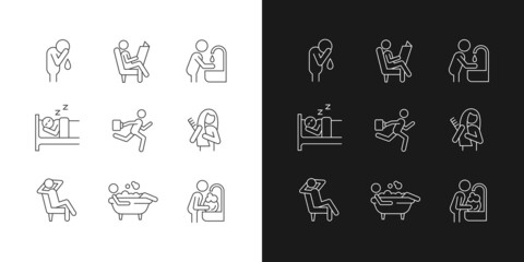 Daily living linear icons set for dark and light mode. Spending leisure time. Ordinary household chores. Customizable thin line symbols. Isolated vector outline illustrations. Editable stroke