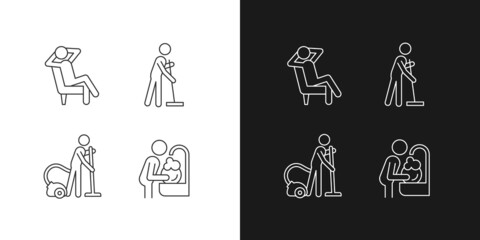 Household chores linear icons set for dark and light mode. Housekeeping process. Cleaning procedures. Customizable thin line symbols. Isolated vector outline illustrations. Editable stroke