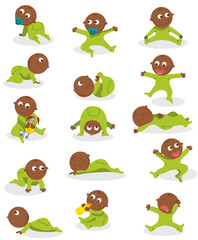 Obraz premium Dessin bébé de type africain en pyjama vert et différentes positions, illustration vectorielle