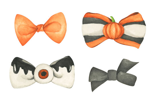 Set of orange and black halloween bows. Watercolor illustration.
