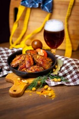 beer, snack, wings in honey soy sauce