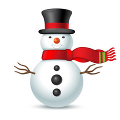Laughing Christmas snowman in top hat and waving red scarf. Vector illustration on white background