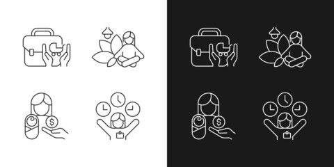 Employee incentives linear icons set for dark and light mode. Child care assistance. Meditative space at work. Customizable thin line symbols. Isolated vector outline illustrations. Editable stroke