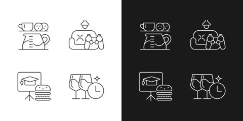 Employee engagement linear icons set for dark and light mode. Office coffee station. Game room. Training session. Customizable thin line symbols. Isolated vector outline illustrations. Editable stroke