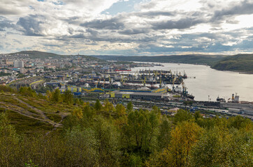 Kola Bay, Murmansk port and downtown view from Green Cape hill