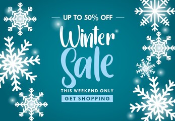 Naklejka na ściany i meble Winter sale banner design with white snowflakes . paper art style.