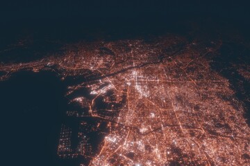 Osaka aerial view at night. Top view on modern city with street lights