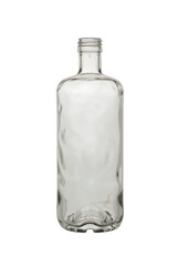 Empty, open bottle made of transparent, colorless glass for alcoholic beverages and other liquids. Isolated on a white background, close-up