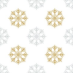 Christmas seamless pattern. Gold and silver snowflakes on a white background. For packaging, textiles or wallpaper.