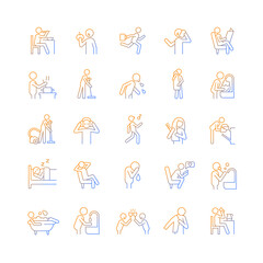 Human behaviour gradient linear vector icons set. Activities of daily living. Household duties. Day-to-day routine. Thin line contour symbols bundle. Isolated outline illustrations collection