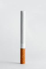 Single cigarette on white background. Copy Space. Close up.