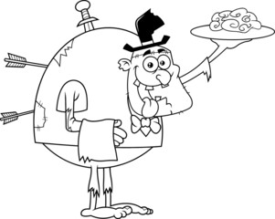 Outlined Frankenstein Waiter Cartoon Character Serving A Tray Of Brain. Vector Hand Drawn Illustration Isolated On Transparent Background