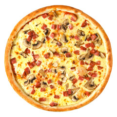 Isolated fresh baked pizza with ham and mushrooms on white background