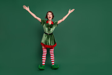Photo of crazy funky friendly lady hands invite hug wear elf costume hat stockings isolated green color background - obrazy, fototapety, plakaty